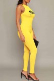 Yellow Street Print Letter O Neck Jumpsuits