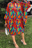 Coffee Casual Print Hollowed Out O Neck Long Sleeve Dresses