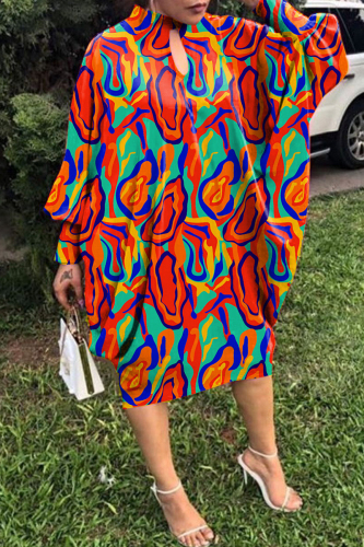 Tangerine Red Casual Print Hollowed Out O Neck Long Sleeve Dresses