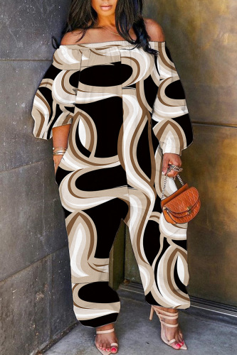 Coffee Casual Print Patchwork Off the Shoulder Regular Jumpsuits