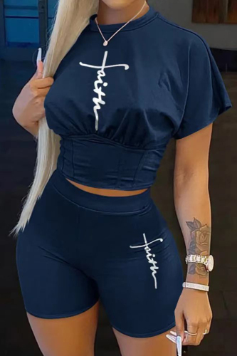 Navy Blue Casual Print Basic O Neck Short Sleeve Two Pieces