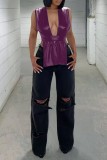 Purple Sexy Casual Solid Bandage Asymmetrical Tops