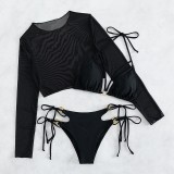Black Sexy Solid Bandage See-through Swimsuit Three Piece Set (With Paddings)