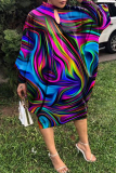 Orange Yellow Casual Print Hollowed Out O Neck Long Sleeve Dresses