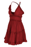 Pink Sleeveless V Neck Knee-Length Patchwork Stringy Selvedge Solid Draped Backless Ruffle Dresses