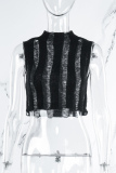 Black Casual Solid Hollowed Out O Neck Tops