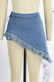 Sky Blue Casual Solid Tassel Patchwork Asymmetrical High Waist Skinny Denim Shorts