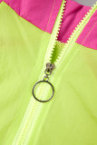 Fluorescent Green Casual Patchwork Contrast Zipper Collar Long Sleeve Two Pieces