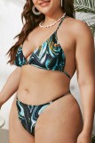 Brown Sexy Print Bandage V Neck Plus Size Swimsuit Three Piece Set (With Paddings)