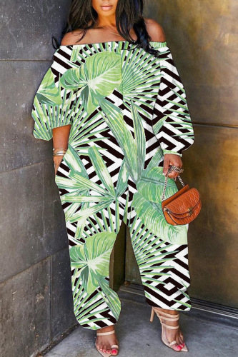 Green Casual Print Patchwork Off the Shoulder Regular Jumpsuits