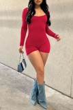 Red Sexy Casual Solid Backless O Neck Skinny Rompers