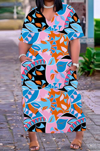 Blue Casual Print Basic V Neck Short Sleeve Dress Dresses