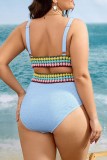 Blue Sexy Patchwork Backless V Neck Plus Size Swimwear (With Paddings)