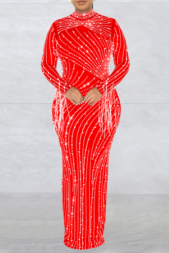 Red Sexy Patchwork Hot Drilling See-through Half A Turtleneck Long Sleeve Two Pieces