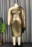 Gold Sexy Formal Solid Patchwork Oblique Collar One Step Skirt Dresses