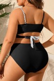 Black White Sexy Print Patchwork Backless V Neck Plus Size Swimwear (With Paddings)