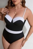 Black Sexy Patchwork Backless Contrast Spaghetti Strap Plus Size Swimwear (With Paddings)