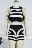 Apricot Elegant Striped Patchwork Strap Design Contrast O Neck Sleeveless Two Pieces