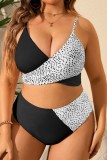 Black White Sexy Print Patchwork Backless V Neck Plus Size Swimwear (With Paddings)