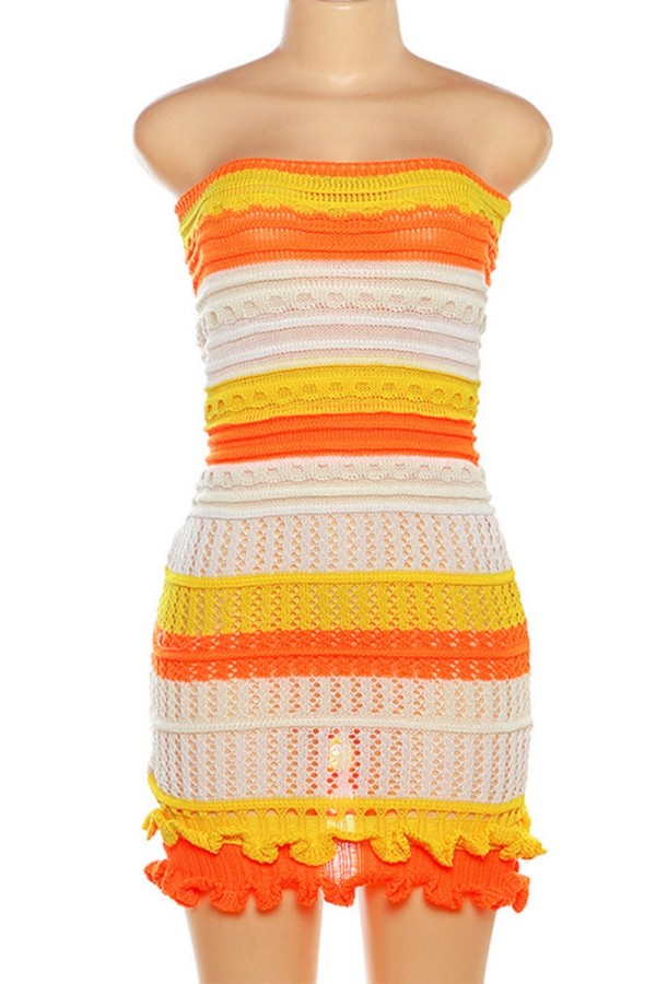 PATCHWORK STRAPLESS BANDAGE DRESS IN YELLOW