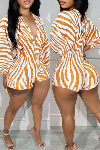 Tangerine Red Casual Print Patchwork V Neck Regular Romper