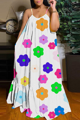 White Sexy Casual Print Backless Spaghetti Strap Long Dress Dresses