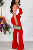 Red Casual Solid Backless Slit Spaghetti Strap Regular Jumpsuits