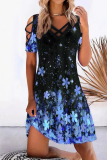 Blue Casual Print Hollowed Out V Neck Short Sleeve Dress