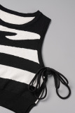 Black Elegant Striped Patchwork Strap Design Contrast O Neck Sleeveless Two Pieces