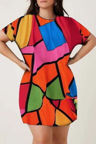 Multicolor Casual Print Basic O Neck Short Sleeve Dress Plus Size Dresses