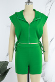 Green Casual Solid Bandage Patchwork Zipper Zipper Collar Sleeveless Two Pieces