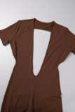 Brown Casual Solid Basic V Neck Skinny Jumpsuits