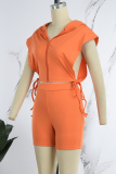 Orange Casual Solid Bandage Patchwork Zipper Zipper Collar Sleeveless Two Pieces