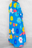 Blue Floral Print Long Sleeve Deep V Neck Botton Loose Vacation Daily Shirt Maxi Dress