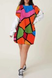 Multicolor Casual Print Basic O Neck Short Sleeve Dress Plus Size Dresses