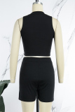 Black Casual Solid Patchwork Zipper Zipper Collar Sleeveless Two Pieces
