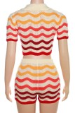 Red Casual Striped Patchwork Contrast Turndown Collar Short Sleeve Two Pieces