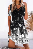 White Casual Print Hollowed Out V Neck Short Sleeve Dress