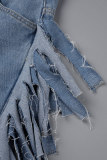 Baby Blue Casual Solid Tassel Patchwork High Waist Regular Denim Skirts
