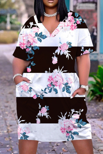 White Black Casual Print Basic V Neck Short Sleeve Dress Dresses