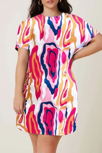 Pink Casual Print Basic O Neck Short Sleeve Dress Plus Size Dresses