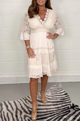 White Casual Solid Patchwork V Neck One Step Skirt Dresses
