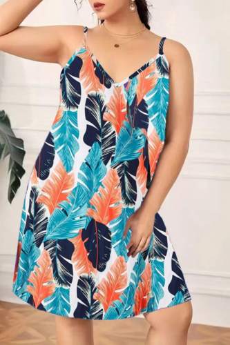 Blue Sexy Living Print Backless Spaghetti Strap Sleeveless Dress Plus Size Sleepwear