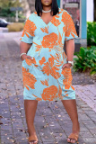 Orange Casual Print Basic V Neck Short Sleeve Dress Dresses