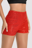 Red Casual Patchwork Sequins Straight High Waist Conventional Patchwork Shorts