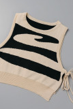 Apricot Elegant Striped Patchwork Strap Design Contrast O Neck Sleeveless Two Pieces