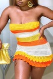 Yellow Sexy Patchwork Backless Contrast Strapless Wrapped Skirt Dresses