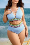 Blue Sexy Patchwork Backless V Neck Plus Size Swimwear (With Paddings)