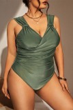 Green Sexy Solid Patchwork Backless V Neck Plus Size Swimwear (With Paddings)