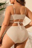 Cream White Sexy Print Patchwork Backless V Neck Plus Size Swimwear (With Paddings)